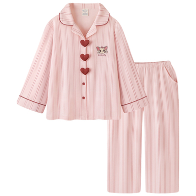 纯棉磨毛睡衣女春秋A类粉色套装