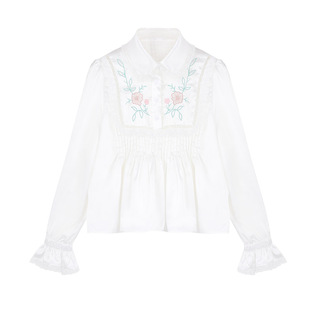 SourceWithU 误入草莓园 美式刺绣缎面衬衫设计感法式白色上衣女