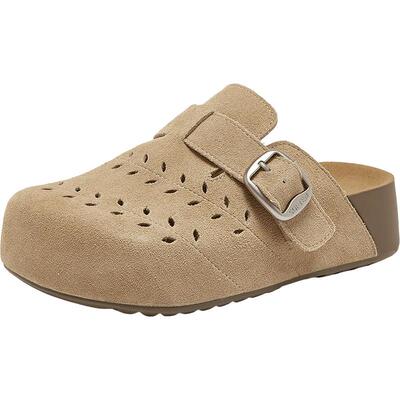 百思图夏季真皮厚底女勃肯半拖