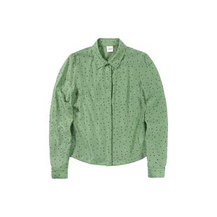 UNRETRO 复古辣妹风修身正肩绿色波点长袖衬衫女小个子内搭衬衣