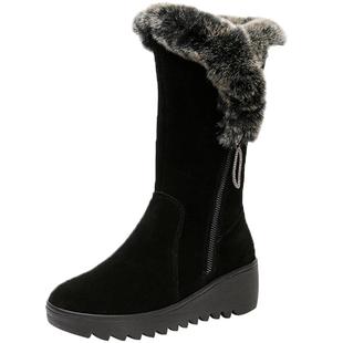 雪地靴女2025新款冬季坡跟棉靴女厚底真皮靴子加绒保暖防滑中筒靴