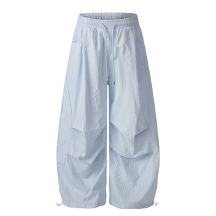 ZRSEE 多巴胺蓝色竖条纹工装裤女2026新款春季薄款休闲裤阔腿裤子