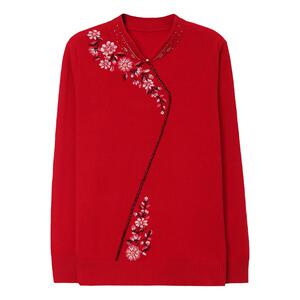 恒源祥100纯羊毛衫秋针织打底衫中年妈妈洋气毛衣保暖旗袍领上衣