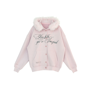 innomoood 软乎乎棉花糖毛领可拆卸卫衣外套加绒印花开衫单排扣