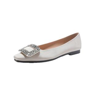 名媛风小方头rv方扣水钻浅口单鞋女春款真丝绸缎面气质平底鞋大码