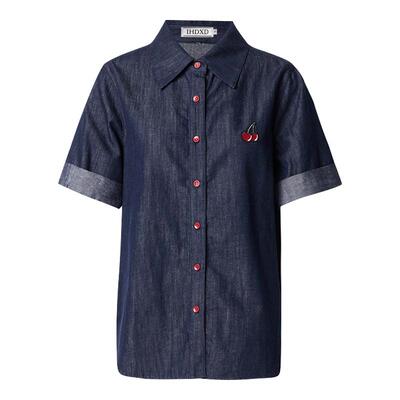 【现货】IHDXD 樱桃牛仔衬衫蓝色复古开衫半袖衬衫外套薄款上衣