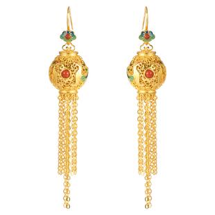 鸾凤和鸣纯银鎏金耳钩非遗花丝镂空流苏绣球新中式国风耳饰银耳坠