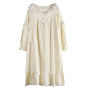 轩靓纯棉双层纱布睡裙女纯棉春秋季薄款长袖睡衣全棉长款连衣裙