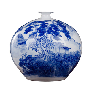 景德镇陶瓷器手绘青花瓷花瓶石榴瓶山水画仿古中式客厅博古架摆件