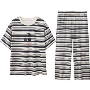 红豆短袖睡衣女A类棉凉感黑白条纹空调服大码宽松外穿家居服套装
