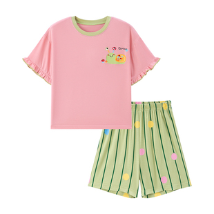 夏季莫代尔儿童睡衣套装女童家居服中大童空调服薄款西瓜红短袖