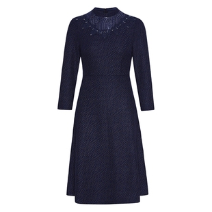 马天奴2025秋冬新款藏青立领提花连衣裙子花边钉珠收腰气质时尚女