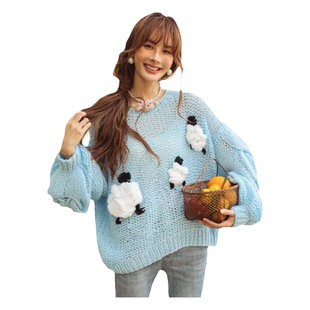 CLOUDSEASON绵羊手打毛衣宽松圆领内搭上衣女慵懒风气质春秋穿搭