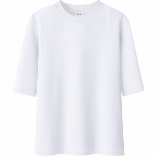 白色修身罗纹棉中袖t恤打底衫女七分袖夏季纯色半高领五分袖上衣