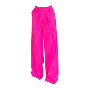 玫红色工装裤女款夏薄款2026新款小个子抽绳休闲火龙果色直筒裤子