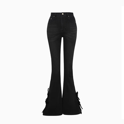 Maison Wester2025年秋季新款黑蓝双色蝴蝶结绑带微喇加绒牛仔裤