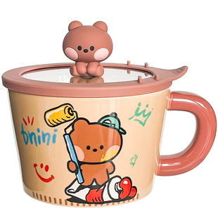 minini泡面碗拉面碗家用2025新款个人专用卡通可爱带盖手柄陶瓷碗