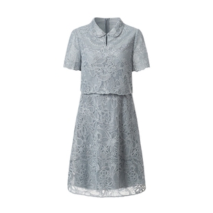 VGRASS女装连衣裙春夏季新款新中式莫兰迪蕾丝假两件连身裙子