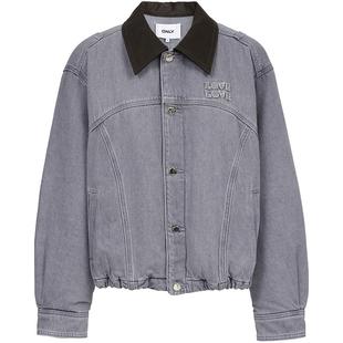 ONLY2025秋冬新款落肩宽松廓形皮领拼接夹克花苞下摆纯棉短外套女