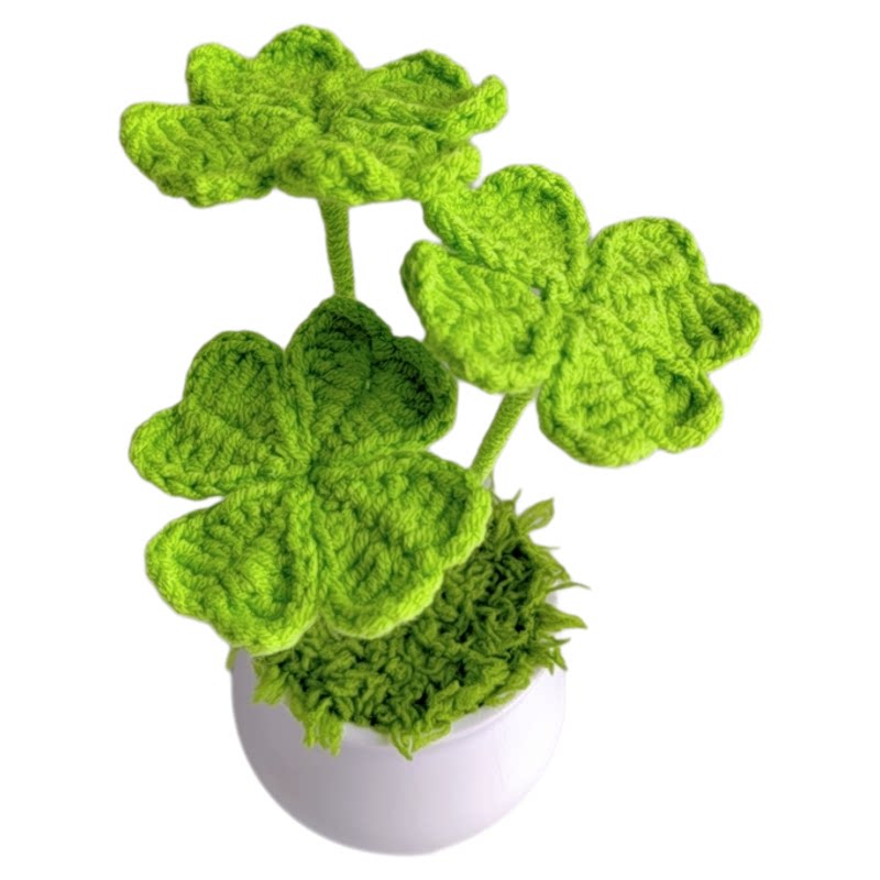 手工编织四叶草迷你盆栽桌面装饰仿真花/假花
