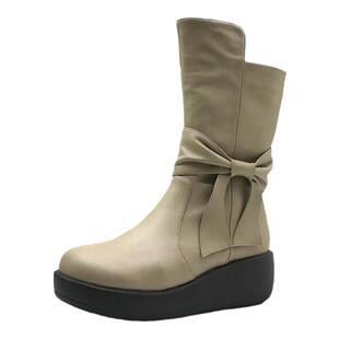 一席之地新款女鞋冬季真皮手工宽底厚底平底蝴蝶结高脚背中筒靴子