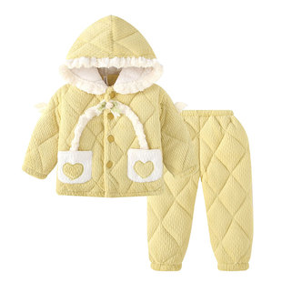 女童连帽花边睡衣冬季牛奶绒睡衣三层夹棉加厚公主风女孩厚家居服