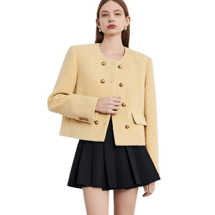 DPLAY【黑标】冬季小香风轻奢黄色圆领金属扣小香风羊毛呢短外套