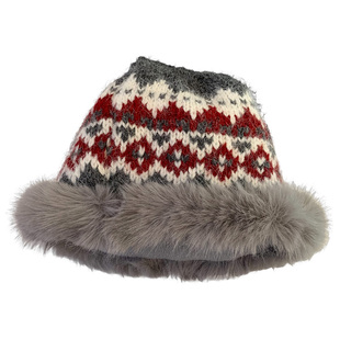 复古费尔岛提花毛绒针织帽子女士冬季加厚保暖渔夫帽护耳防寒盆帽