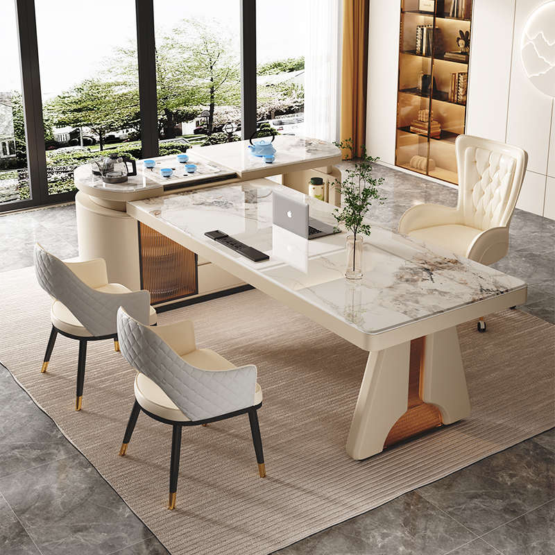 轻奢岩板茶桌书桌一体两用办公桌现代简约高级家用转角泡茶台新款