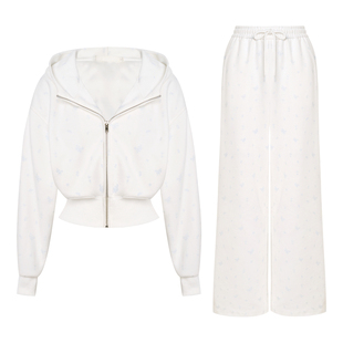 Kroche 26ss 玫瑰印花 连帽拉链短款卫衣外套阔腿抽绳休闲裤套装