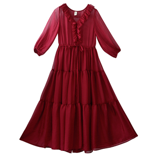 【念红颜】红色雪纺连衣裙女2025夏新款复古灯笼袖拼接大摆型长裙