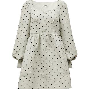 【ONLY奥莱】春季新款潮流方领波点高腰长袖短款连衣裙女