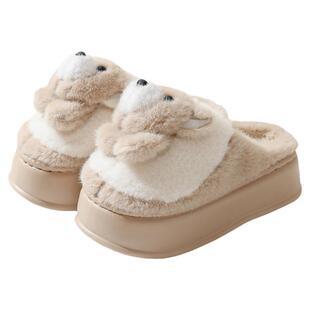 可爱小熊棉拖鞋女家居室内厚底增高拖鞋冬季毛绒拖鞋加厚保暖外出