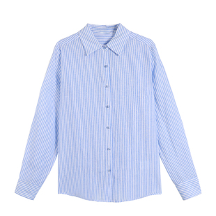 Maven Lin 蓝白条纹长袖衬衫上衣女韩系设计感宽松亚麻衬衣开衫