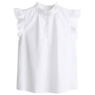 HM女装衬衫夏季亚麻混纺宽松短袖红色上衣木耳边领衬衫1257235