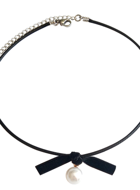 九尾自制黑色丝绒蝴蝶结珍珠项链