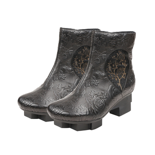 相伴真皮短靴女2025新款冬靴粗跟加绒民族风女鞋压花新中式女靴