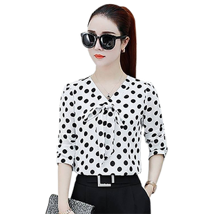 2025春夏季韩版波点印花衬衣女长袖/短袖雪纺衫V领上衣打底衫女装