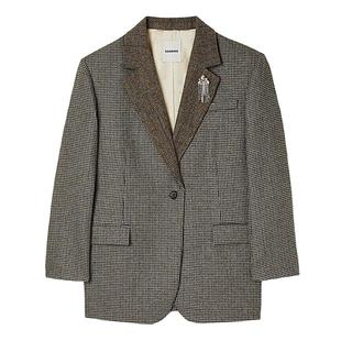 SANDRO Outlets秋冬女装法式复古绵羊毛混纺棕色千鸟格撞色外套