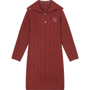 妖精的口袋复古绞花红色毛衣裙连衣裙女2025年冬季新款新年穿搭