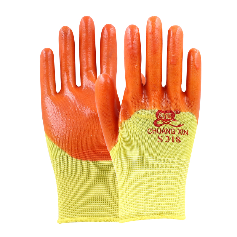 创信S318劳保手套加厚耐磨防滑透气PVC工业防油防水半挂浸胶手套
