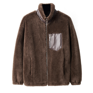 全羊毛颗粒羊剪绒皮草外套男立领加厚羊羔毛短款皮毛一体休闲夹克