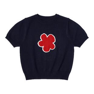 复古圆领白色短袖针织衫夏天通勤气质花朵藏蓝色针织毛衣上衣女