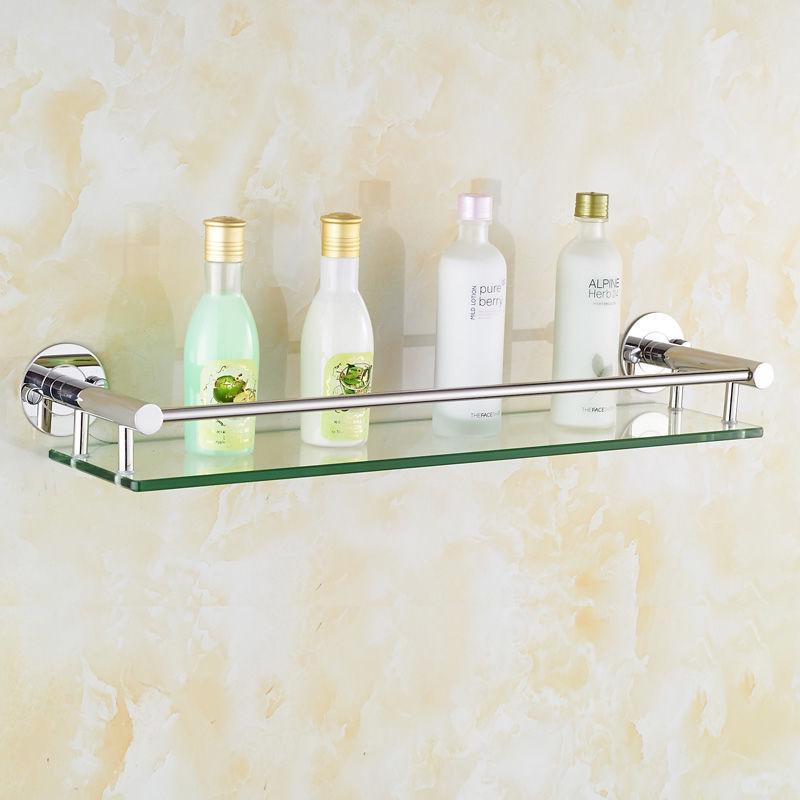 浴室免打孔304不锈钢卫生间置物架壁挂钢化玻璃收纳架单层镜前架
