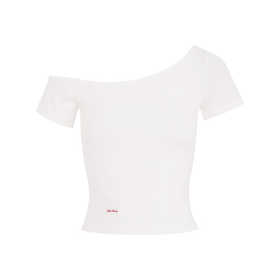 小狗刺绣修身斜肩短袖T恤