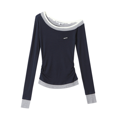 ANDREA MARTIN2026春季新款拼色斜肩长袖针织T恤女含羊毛修身上衣