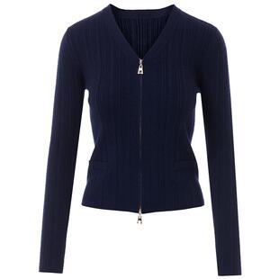 LANCY/朗姿2025年春新款双开拉链修身针织开衫女气质坑条V领上衣