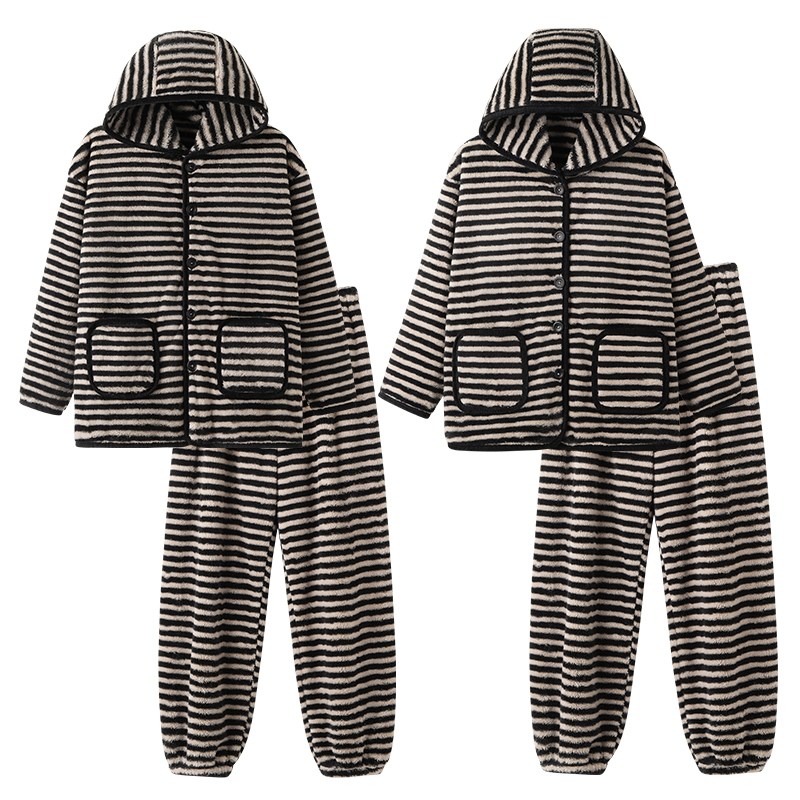 雅鹿秋冬季保暖睡衣女连帽条纹男美舒绒柔软情侣家居服套装可外穿