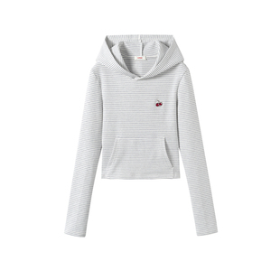 【周也同款】樱桃KIRSH 韩系连帽套头卫衣25秋季绣花条纹修身上衣