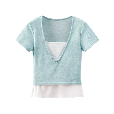 设计感撞色拼接辣妹短袖T恤女潮